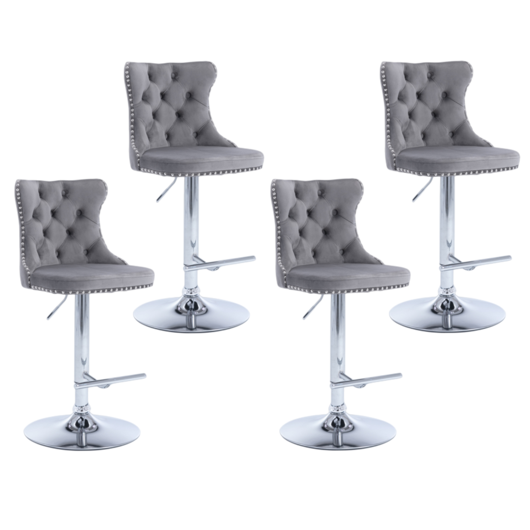 V226-SW1712GY-2-90924-00 4x Height Adjustable Swivel Bar Stool Velvet Stud Barstool with Footrest and Chromed Base- Gray - Image 1