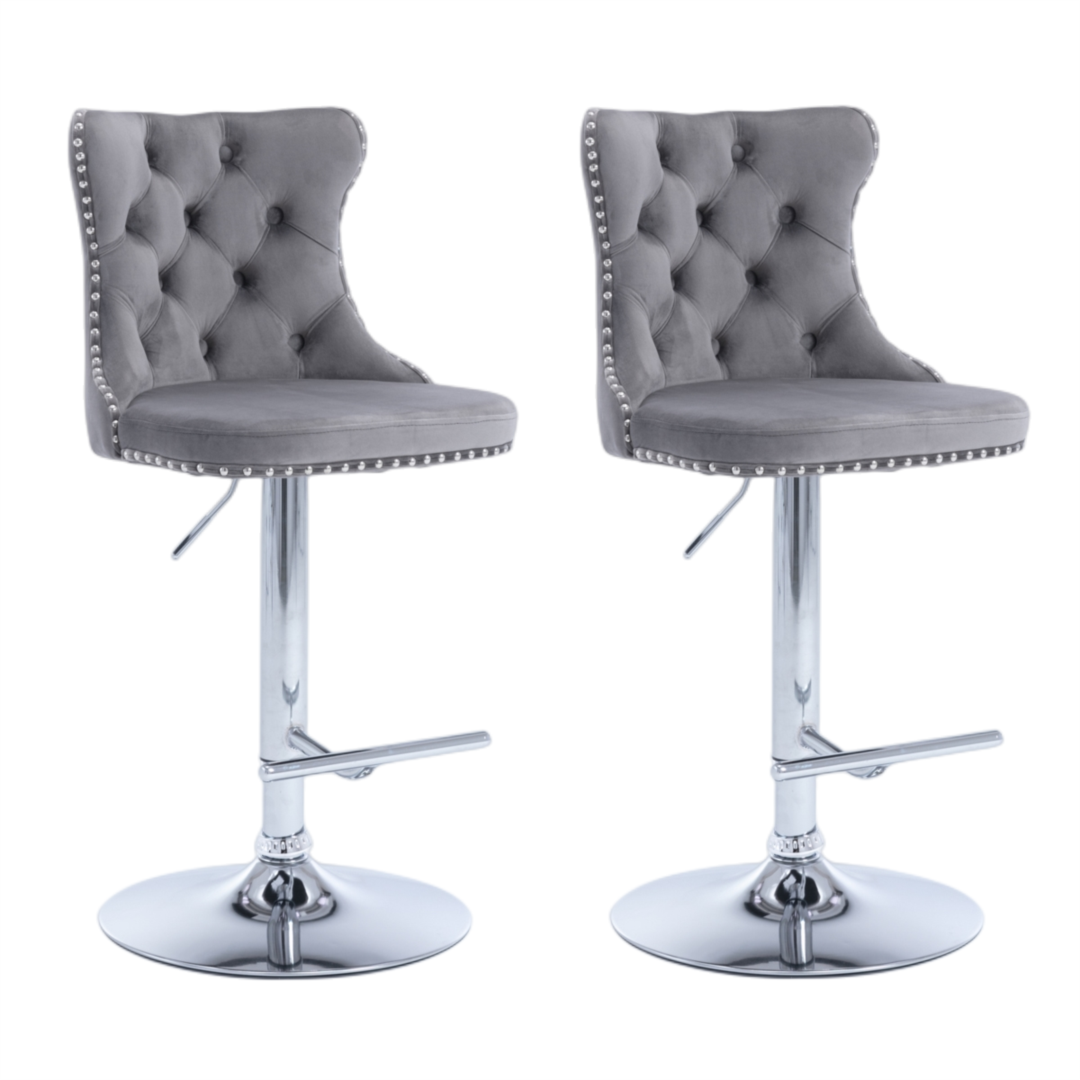 V226-SW1712GY-c08c15_13c365cc92f34574ad1bb31e84252dea_mv2-00 2x Height Adjustable Swivel Bar Stool Velvet Stud Barstool with Footrest and Chromed Base- Gray - Image 1