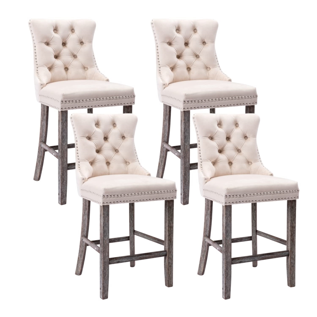 V226-SW1802BG-2-90923-00 4X Velvet Bar Stools with Studs Trim Wooden Legs Tufted Dining Chairs Kitchen - Image 1