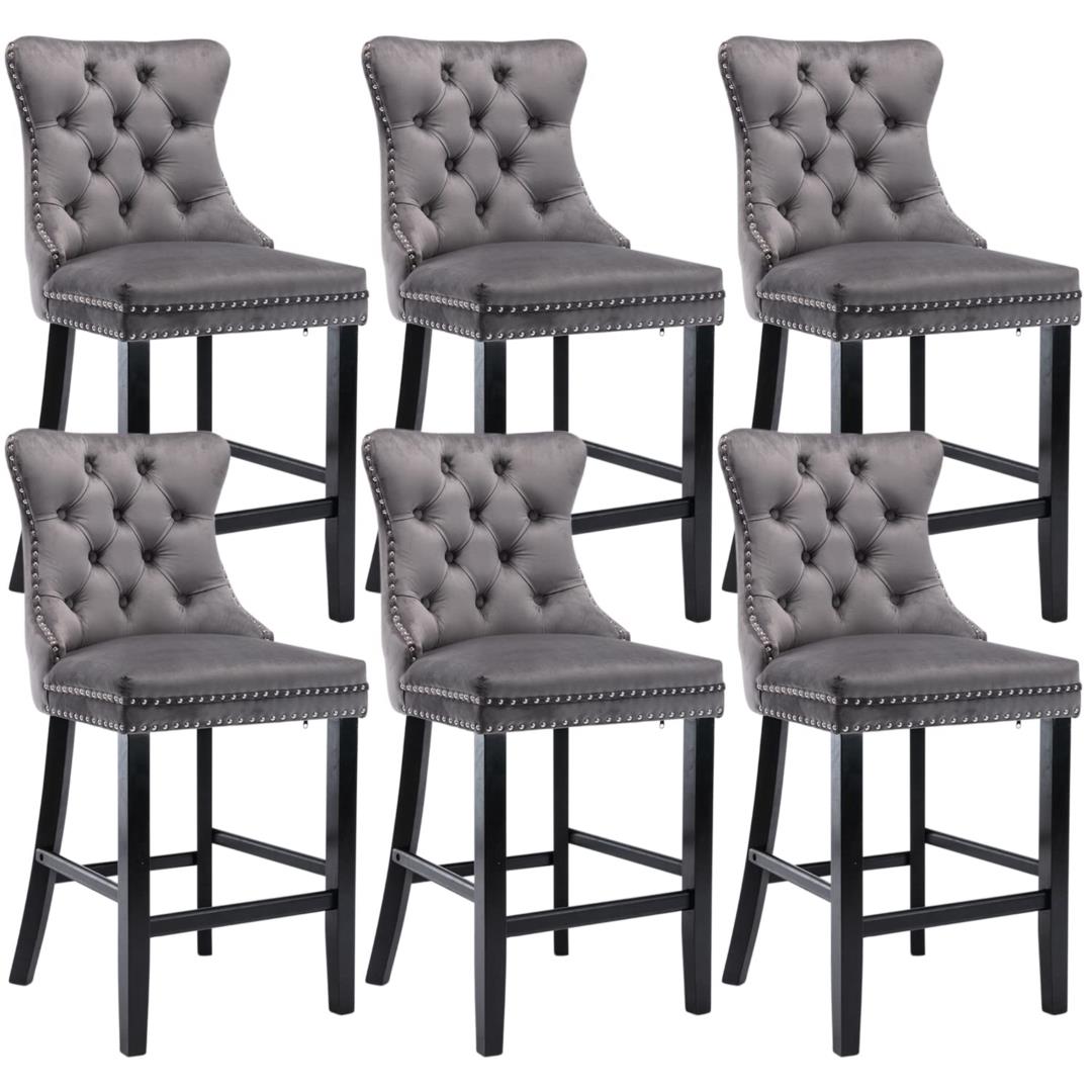 V226-SW1802GY-3-90916-00 6X Velvet Bar Stools with Studs Trim Wooden Legs Tufted Dining Chairs Kitchen - Image 1