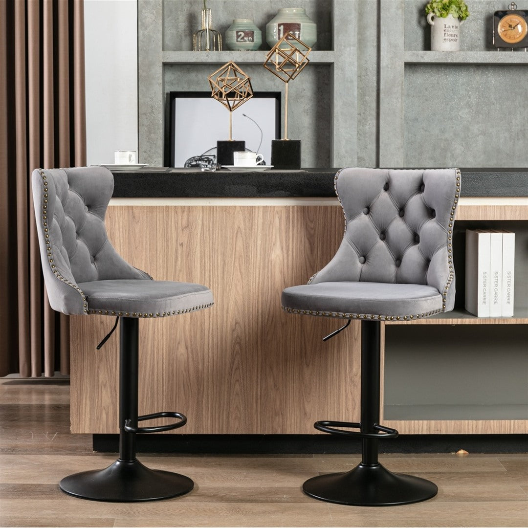 V226-SW1812GY_1_11be7599-5176-48e1-8f7a-5dbb2f5d6b12_1 2x Height Adjustable Swivel Bar Stool Velvet Nailhead Barstool with Footrest - Image 1