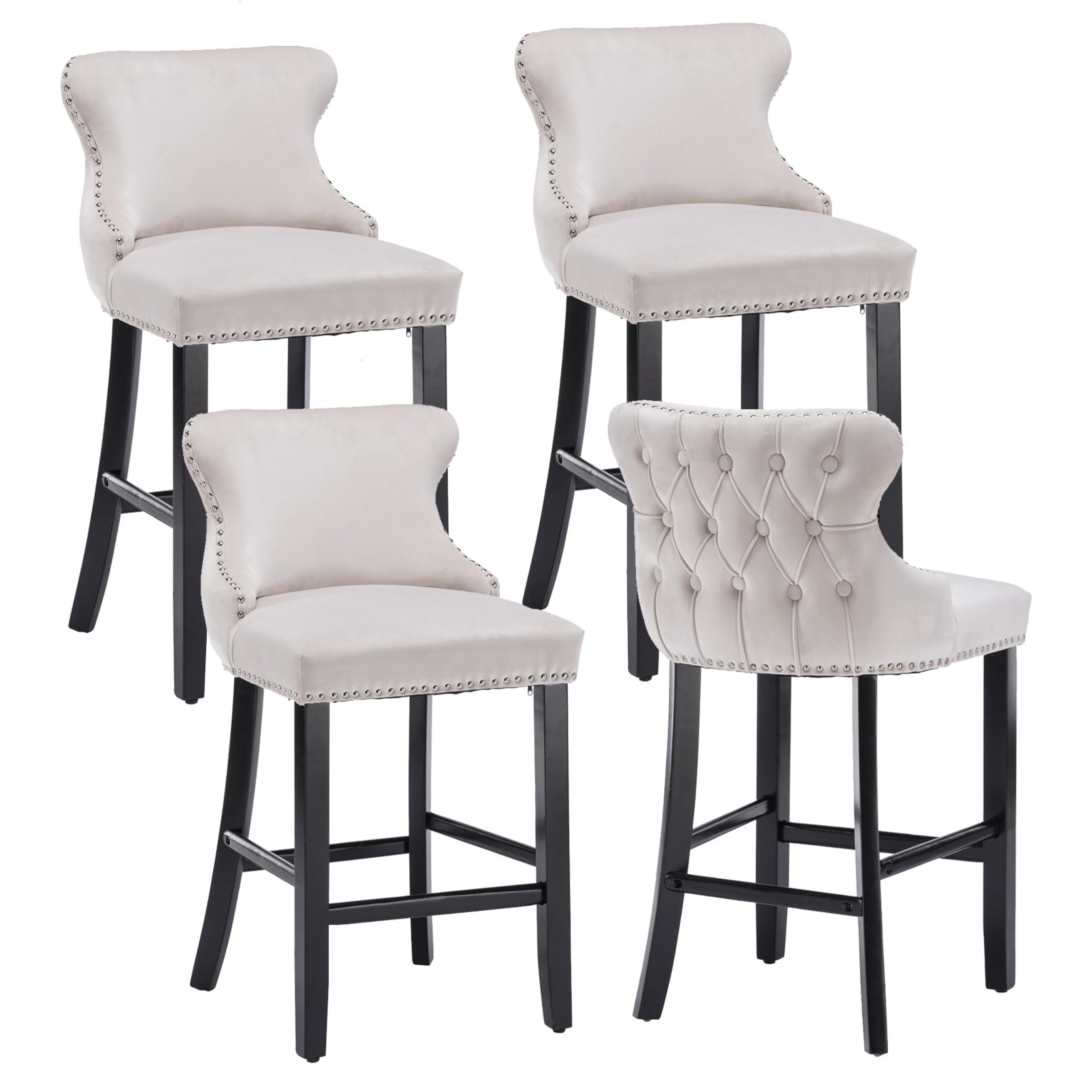 V226-SW1824BG-2-90913-00 4x Velvet Upholstered Button Tufted Bar Stools with Wood Legs and Studs-Beige - Image 1