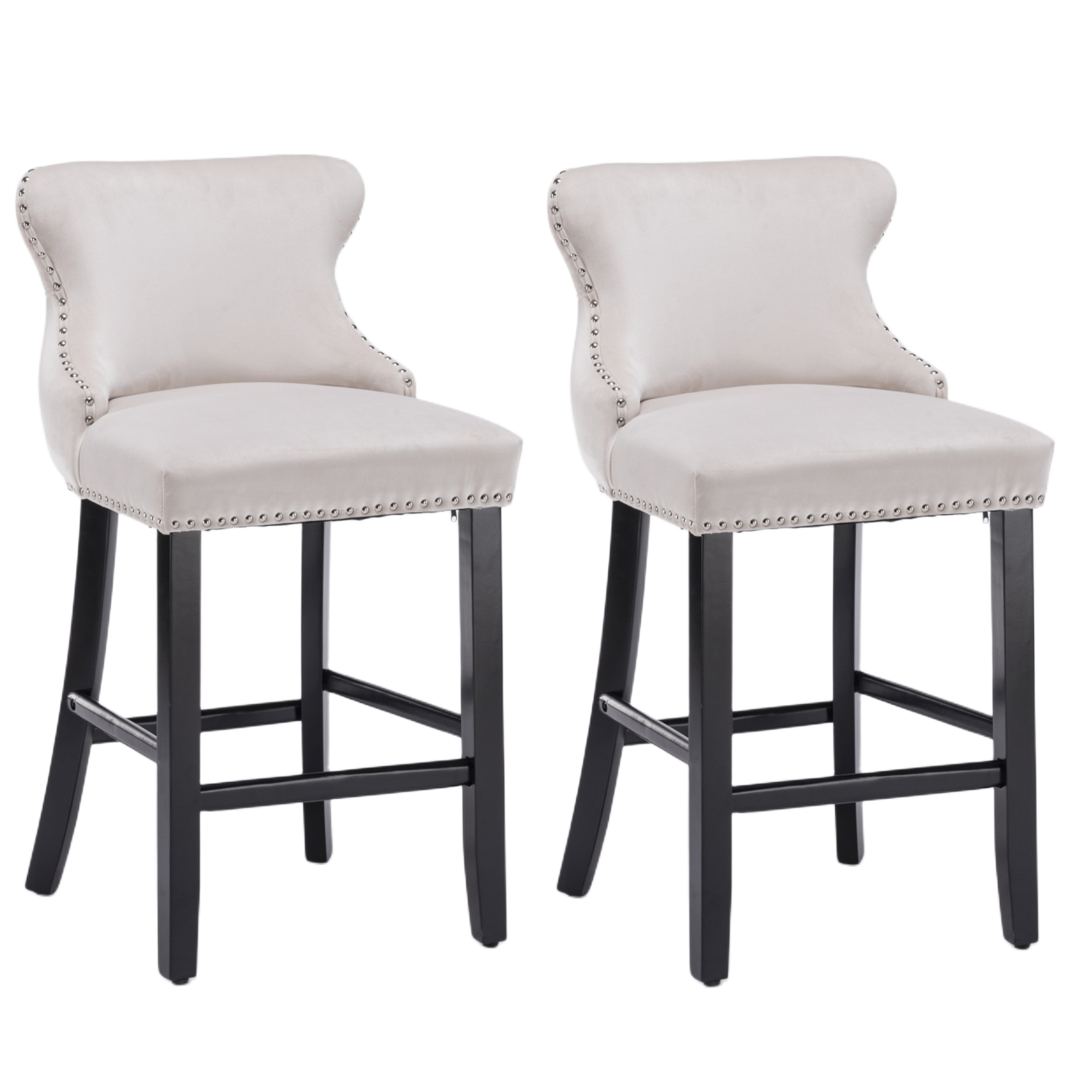 V226-SW1824BG-c08c15_63ef533d38874323b704caad6291f6a0_mv2-00 2x Velvet Upholstered Button Tufted Bar Stools with Wood Legs and Studs-Beige - Image 1