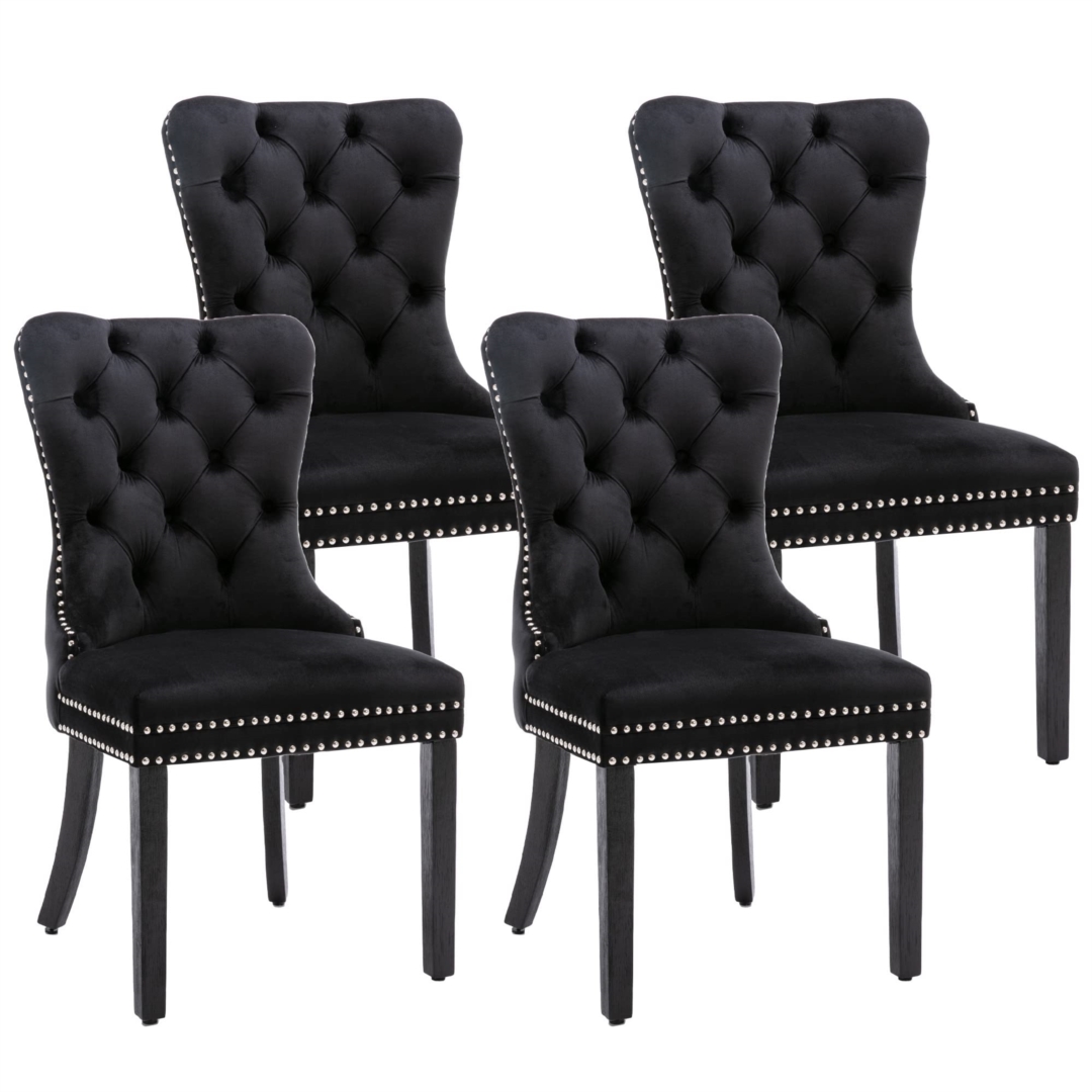V226-SW1901BK-2-90907-00 4x Velvet Dining Chairs Upholstered Tufted Kithcen Chair with Solid Wood Legs Stud Trim and Ring-Black - Image 1