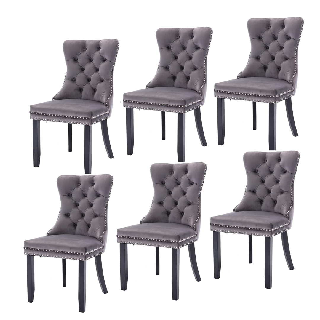 V226-SW1901GY-3-90887-00 6x Velvet Dining Chairs Upholstered Tufted Kithcen Chair with Solid Wood Legs Stud Trim and Ring-Gray - Image 1