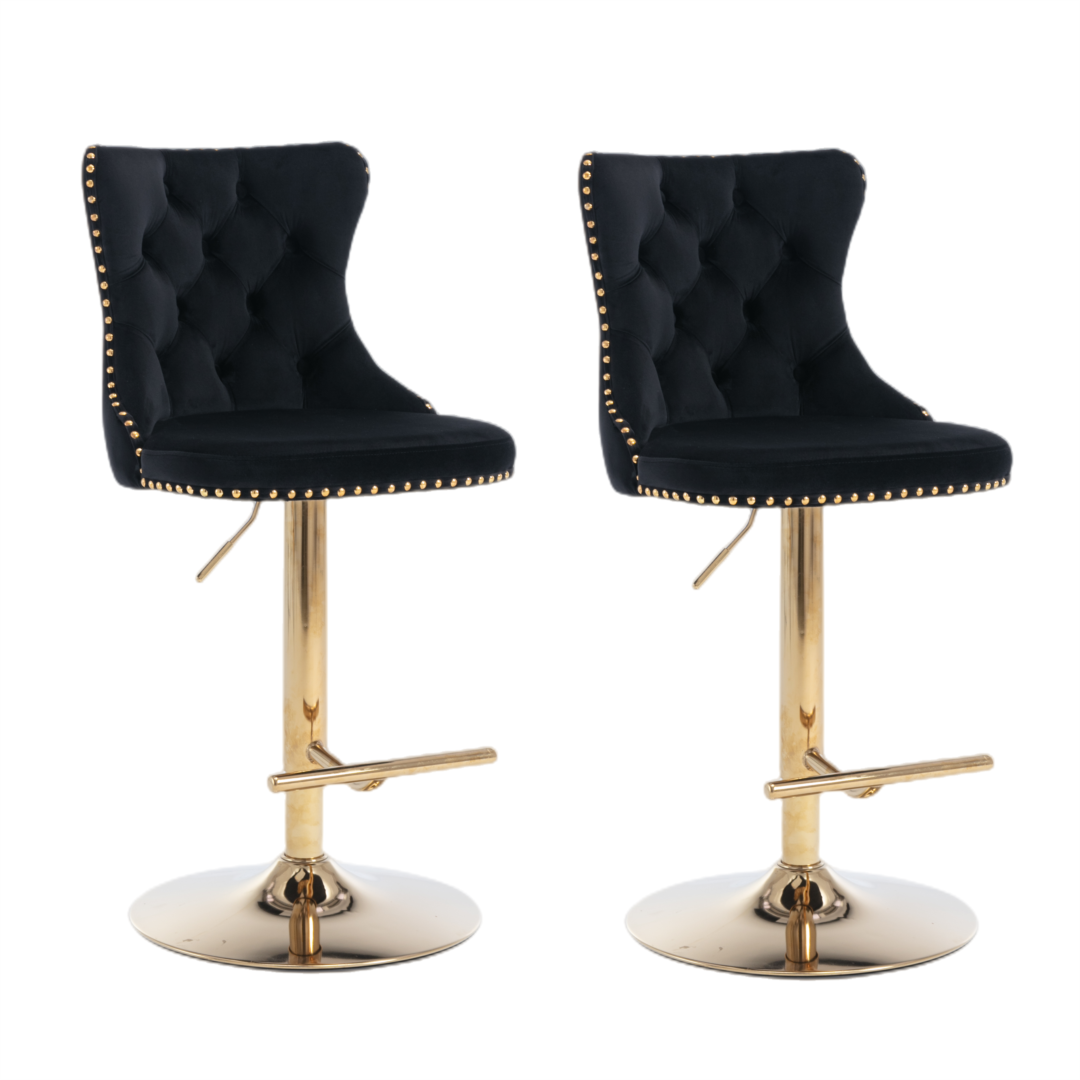 V226-SW1912BK-c08c15_1fd372b210a9492fb0dd21801185b973_mv2-00 2x Height Adjustable Swivel Bar Stool Velvet Studs Barstool with Footrest and Golden Base- Black - Image 1