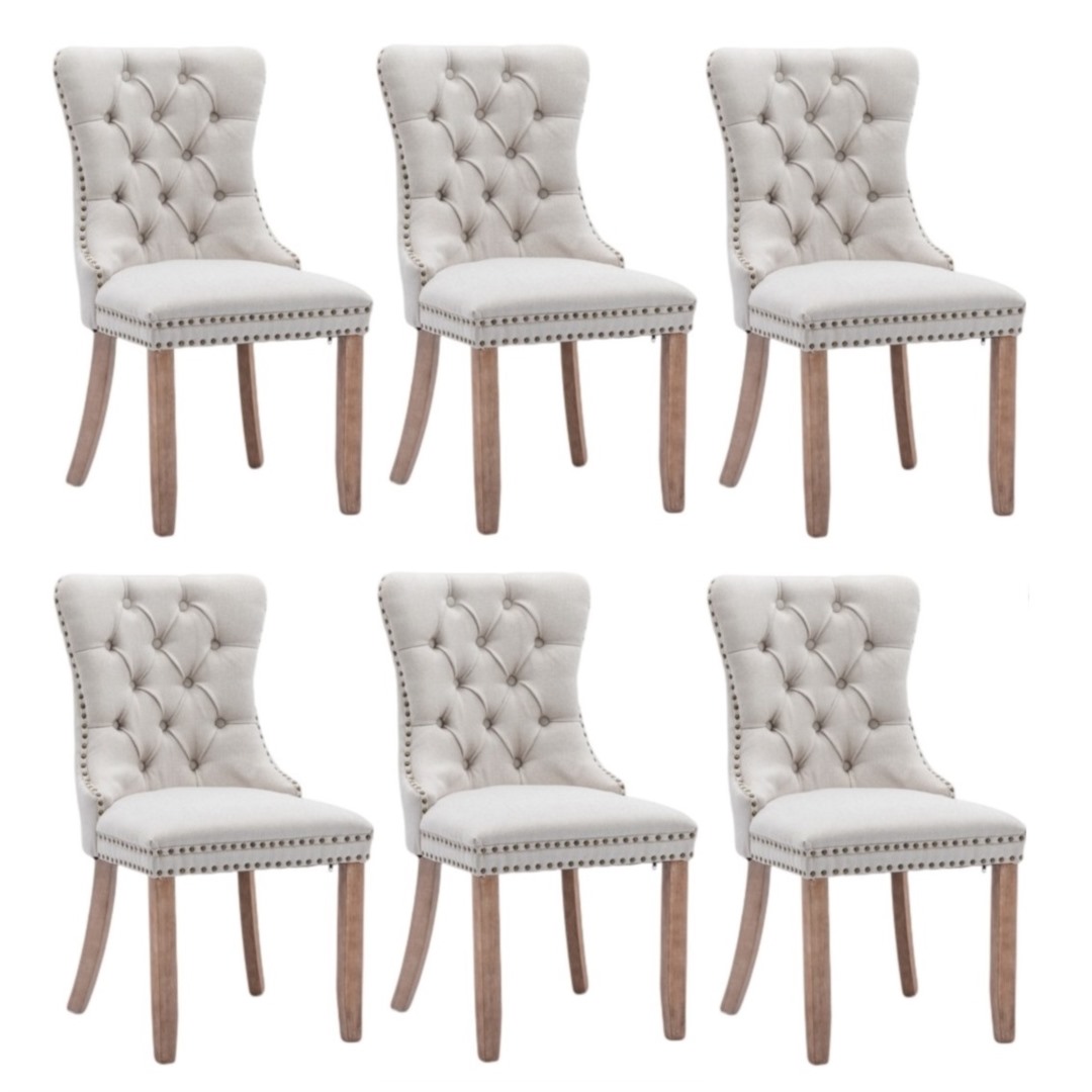 V226-SW6801BG-3-90881-00 6x AADEN Modern Elegant Button-Tufted Upholstered Fabric with Studs Trim and Wooden legs Dining Side Chair-Beige - Image 1
