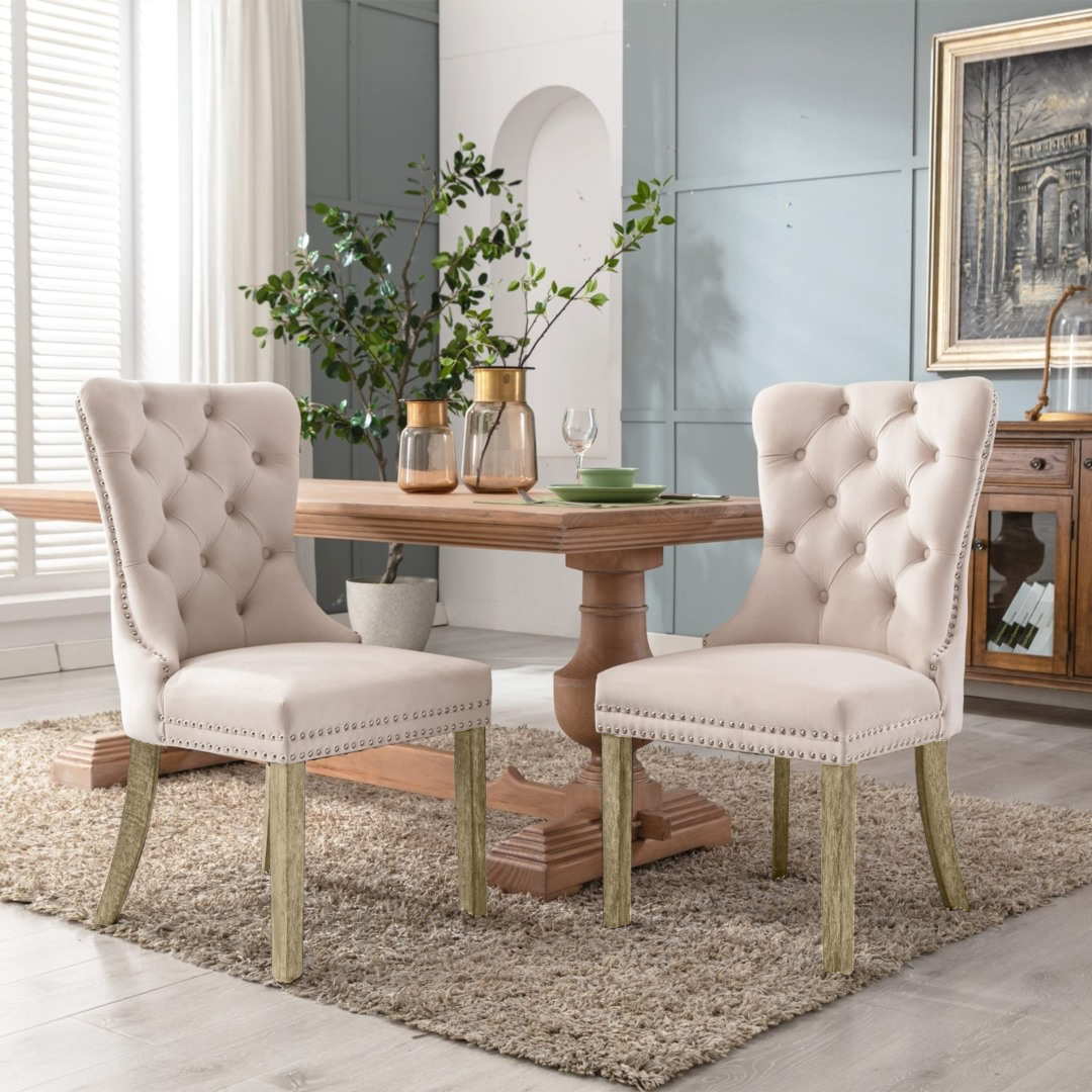 V226-SW8801BG-51747-00 2x Velvet Dining Chairs Upholstered Tufted Kithcen Chair with Solid Wood Legs Stud Trim and Ring-Beige - Image 1