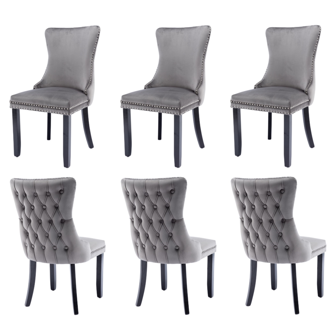 V226-SW8809GY-3-90872-00 6x Velvet Upholstered Dining Chairs Tufted Wingback Side Chair with Studs Trim Solid Wood Legs for Kitchen - Image 1