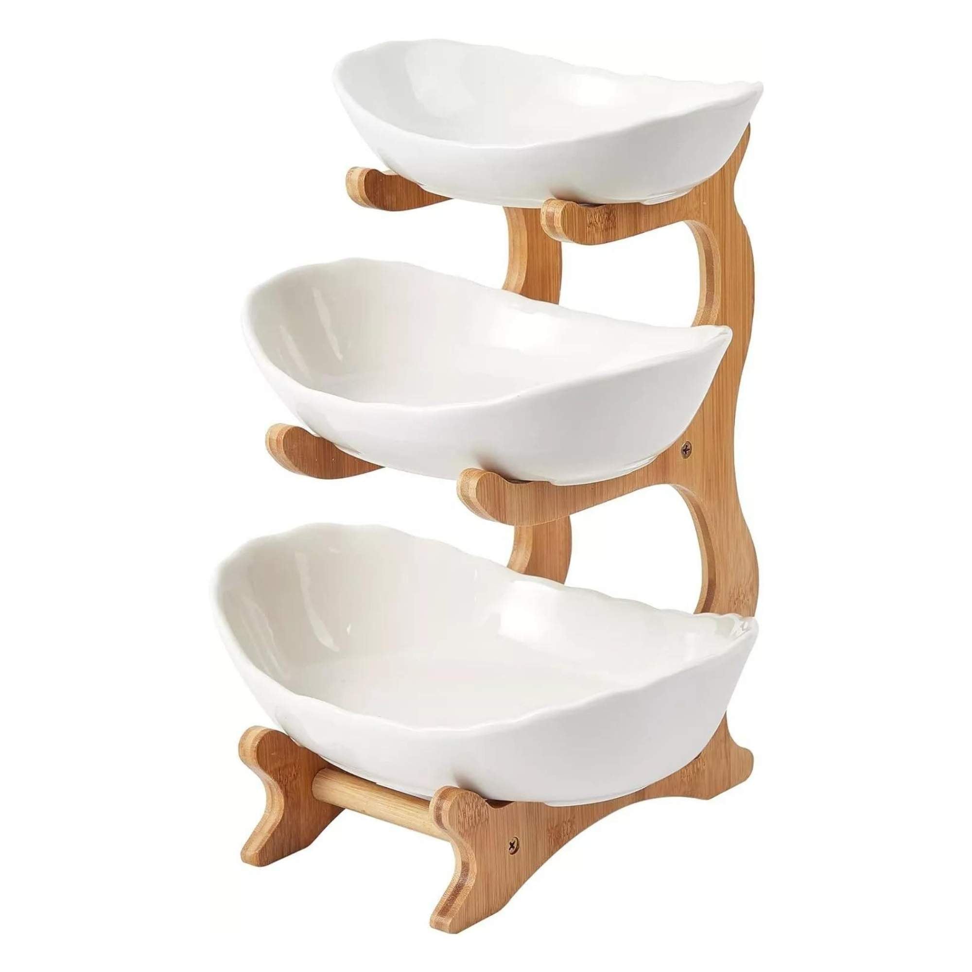 V238-SUPDZ-40824953307216-202506241805-00 3 Tier Porcelain Fruit Bowl - Ceramic Vegetable Storage With Bamboo Stand - Image 1