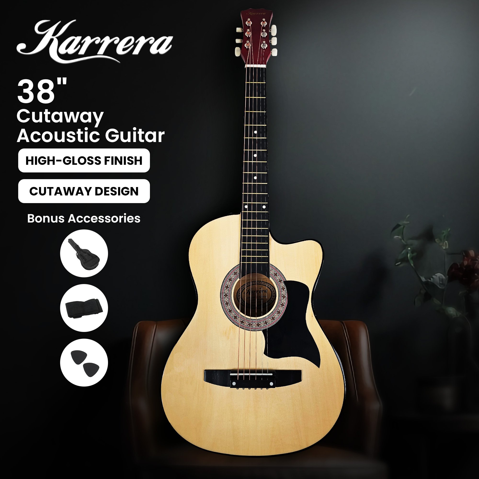 V240-CC38-NAT-71699-00 Karrera 38in Cutaway Acoustic Guitar with guitar bag - Natural - Image 1