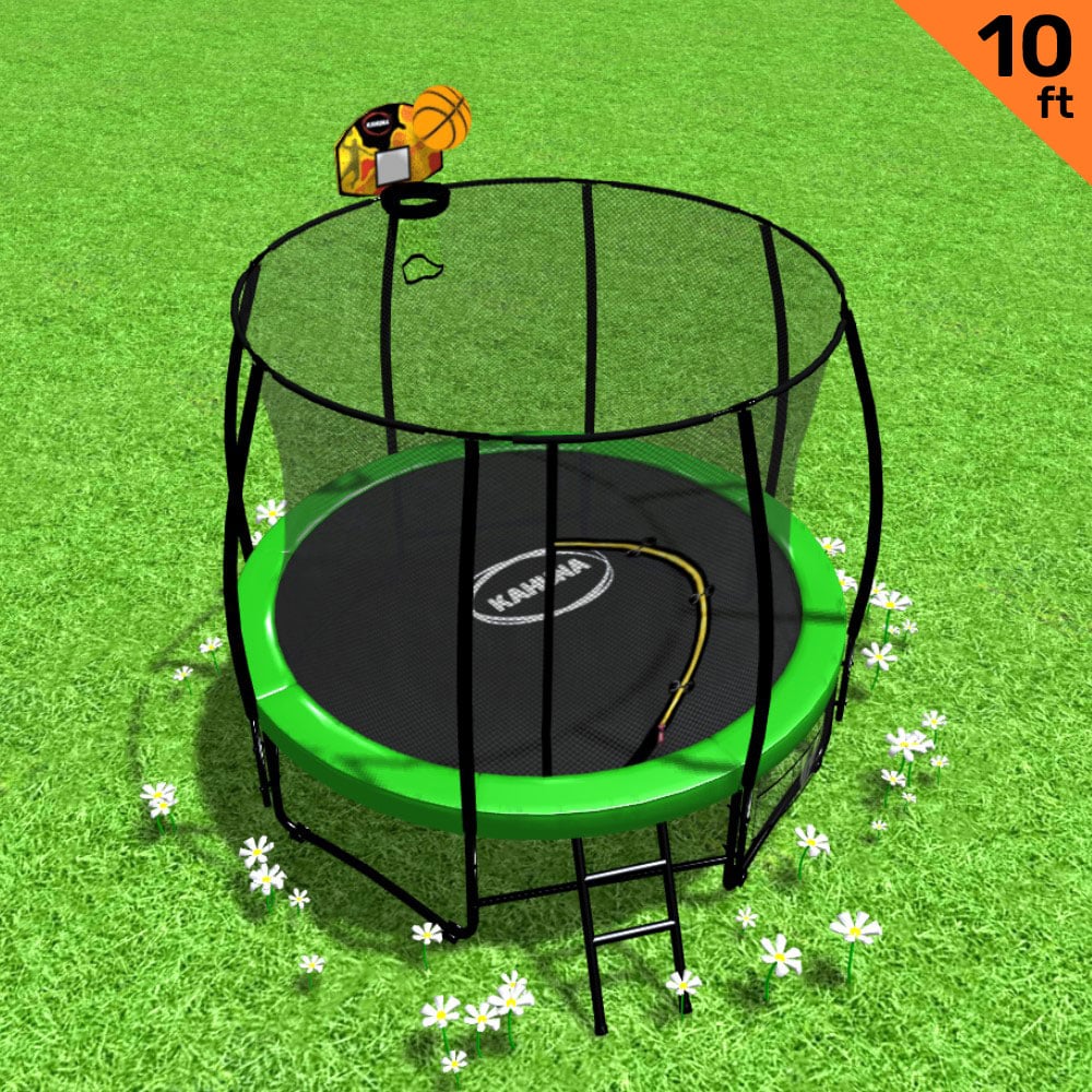 V240-TRA-KAH-10-GN-BB-75262-00 Kahuna 10ft Outdoor Trampoline With Safety Enclosure Pad Ladder Basketball Hoop Set Green - Image 1