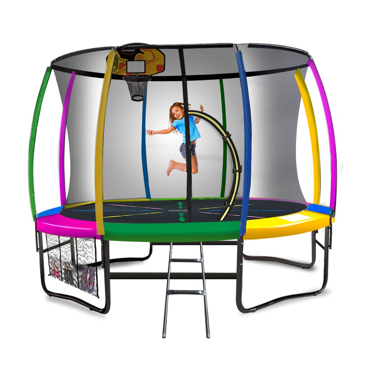 V240-TRA-KAH-10-RB-BB-75018-00 Kahuna 10ft Outdoor Trampoline Kids Children With Safety Enclosure Pad Mat Ladder Basketball Hoop Set - Rainbow - Image 1