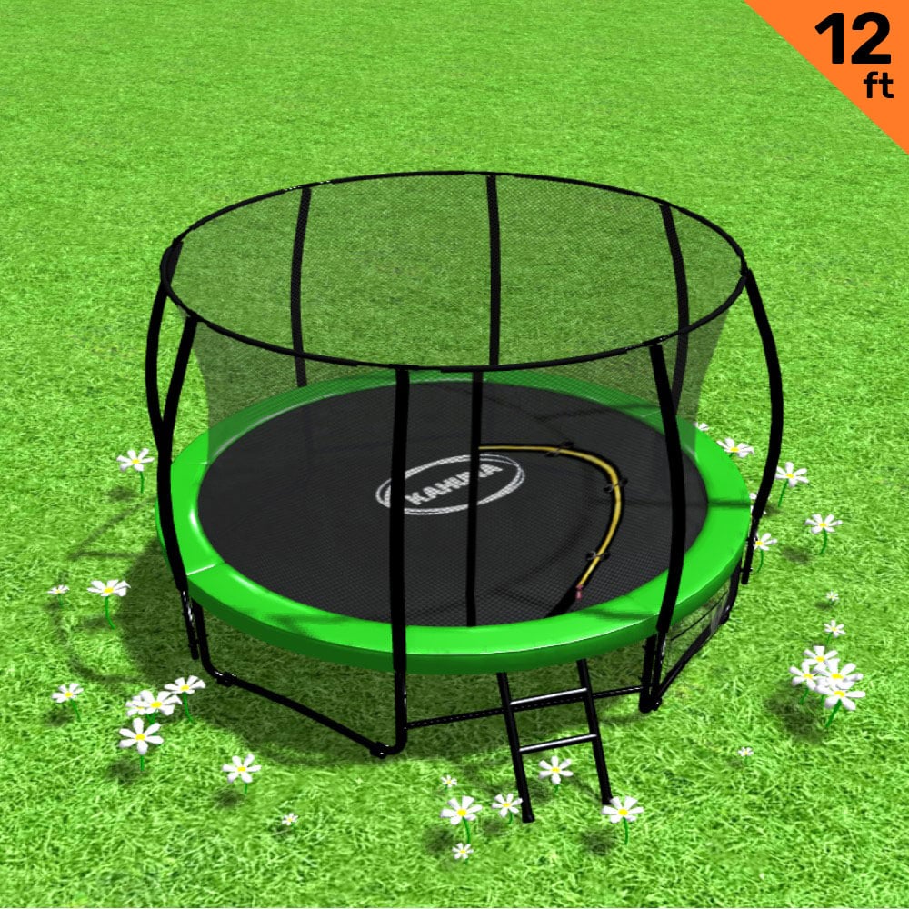 V240-TRA-KAH-12-GN-76778-00 Kahuna 12ft Trampoline Free Ladder Spring Mat Net Safety Pad Cover Round Enclosure Green - Image 1