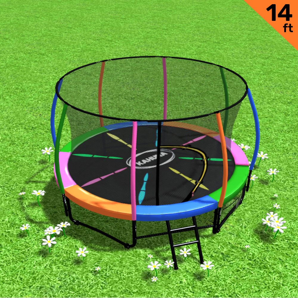 V240-TRA-KAH-14-RB-76755-00 Kahuna 14ft Trampoline Free Ladder Spring Mat Net Safety Pad Cover Round Enclosure - Rainbow - Image 1