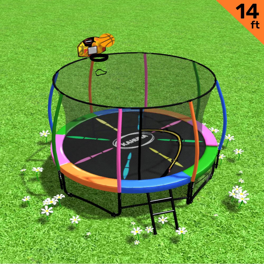 V240-TRA-KAH-14-RB-BB-76756-00 Kahuna 14ft Outdoor Trampoline Kids Children With Safety Enclosure Pad Mat Ladder Basketball Hoop Set - Rainbow - Image 1