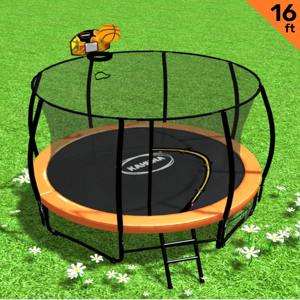 V240-TRA-KAH-16-OR-BB-76749-00 Kahuna 16ft Outdoor Trampoline Kids Children With Safety Enclosure Pad Mat Ladder Basketball Hoop Set - Orange - Image 1