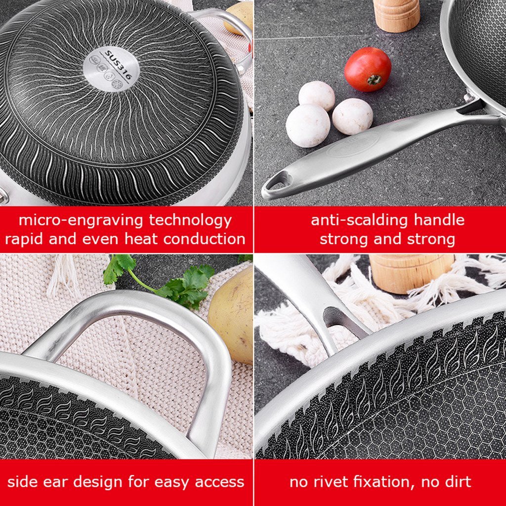 V255-316-32-NO-LID-52328-00 316 Stainless Steel 32cm Non-Stick Stir Fry Cooking Kitchen Wok Pan without Lid Honeycomb Double Sided - Image 1