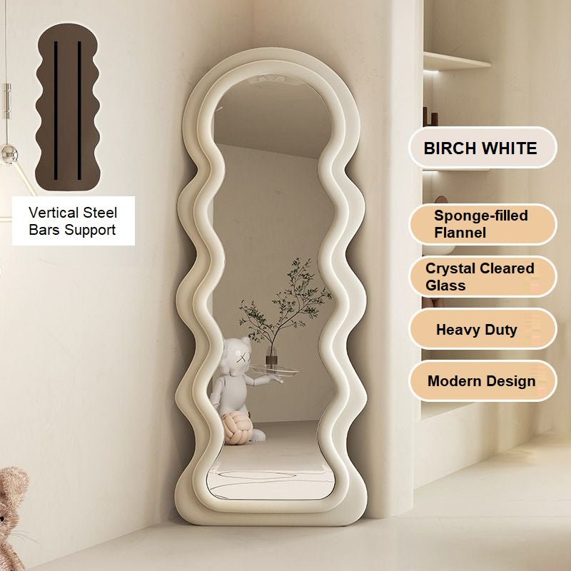 V255-CFBMIRROR-BW-186587-00 1.7m Elegance Curvy Floor Mirror Wavy Full Lenght Curvy Squiggle Full Body Irregular Asymmetrical Floor Home Decor Birch White - Image 1