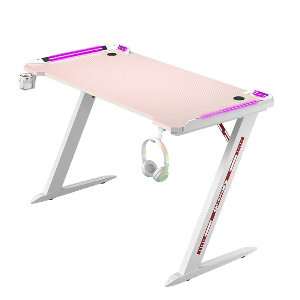V255-D2108-140CM-53285-00 140cm RGB Gaming Desk Home Office Carbon Fiber Led Lights Game Racer Computer PC Table Z-Shaped Pink - Image 1