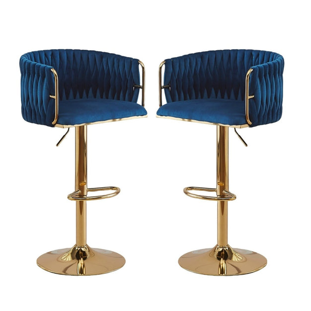 V255-GP1782R-BLUE-202502261520-00 2x Height Adjustable Blue Swivel Bar Stool Velvet Golden Round Base Barstools Chairs - Image 1