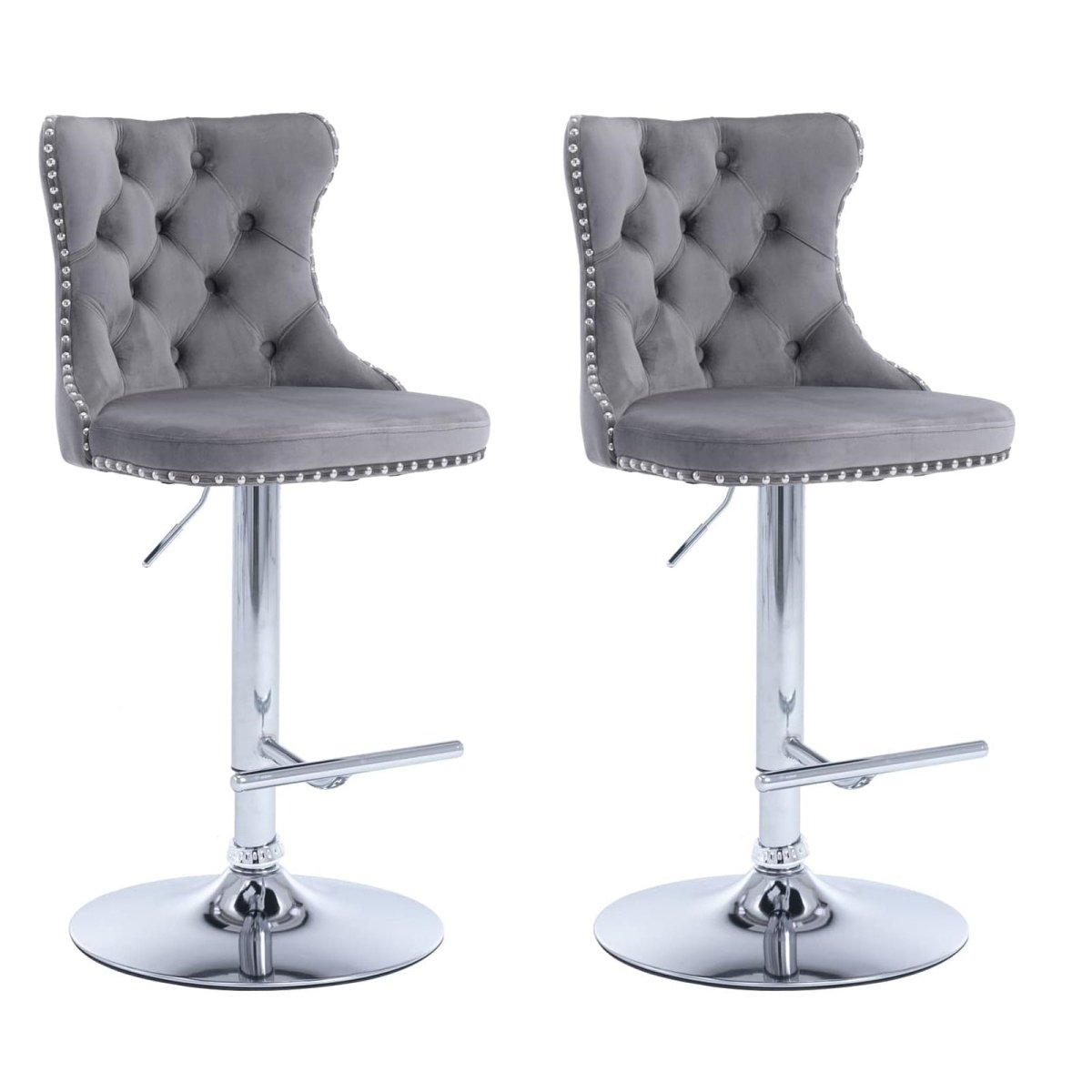 V255-GP2211R-GREY-202505291118-00 SERENITà Gray Velvet Bar Stools Adjustable Swivel Counter Height Chairs with Tufted Back and Nailhead Trim for Kitchen Island Pub Restaurant (2Pcs, Chrome Metal, Grey) - Image 1