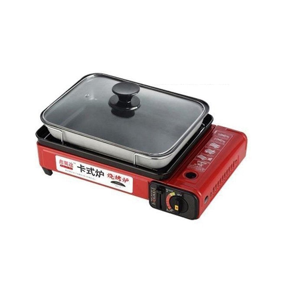 V255-JYT001-52250-00 Portable Gas Stove Burner Butane BBQ Camping Gas Cooker With Non Stick Plate Red - Image 1