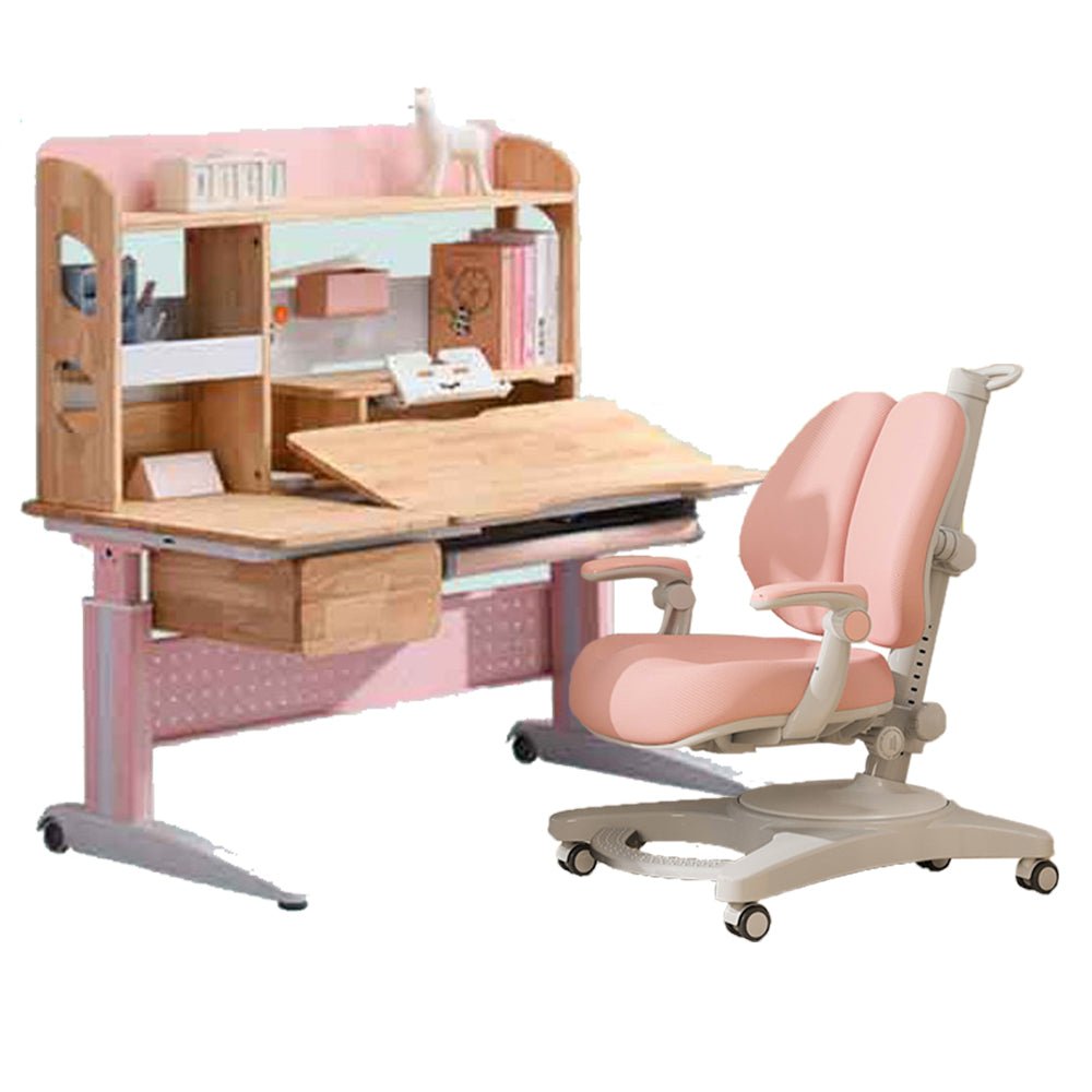 V255-XJM017-PCSB508-PINK-53262-00 Solid Rubber Wood Height Adjustable Children Kids Ergonomic Pink Study Desk Chair 120cm AU - Image 1