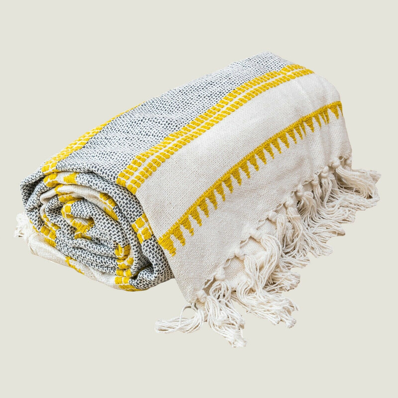 V262-CI-_STK-571YGS-s-l1600-00 Woven Jacquard Tassel Natural Yellow Stripe Bed Sofa Throw 127 x 152 cm - Image 1