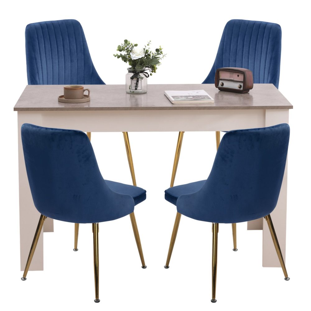 V264-DNT-409C-LGR-DNC-414V-BLU-4-65103-00 Grey Rectangular Dining Table with 4x Blue Velvet Chairs - Image 1