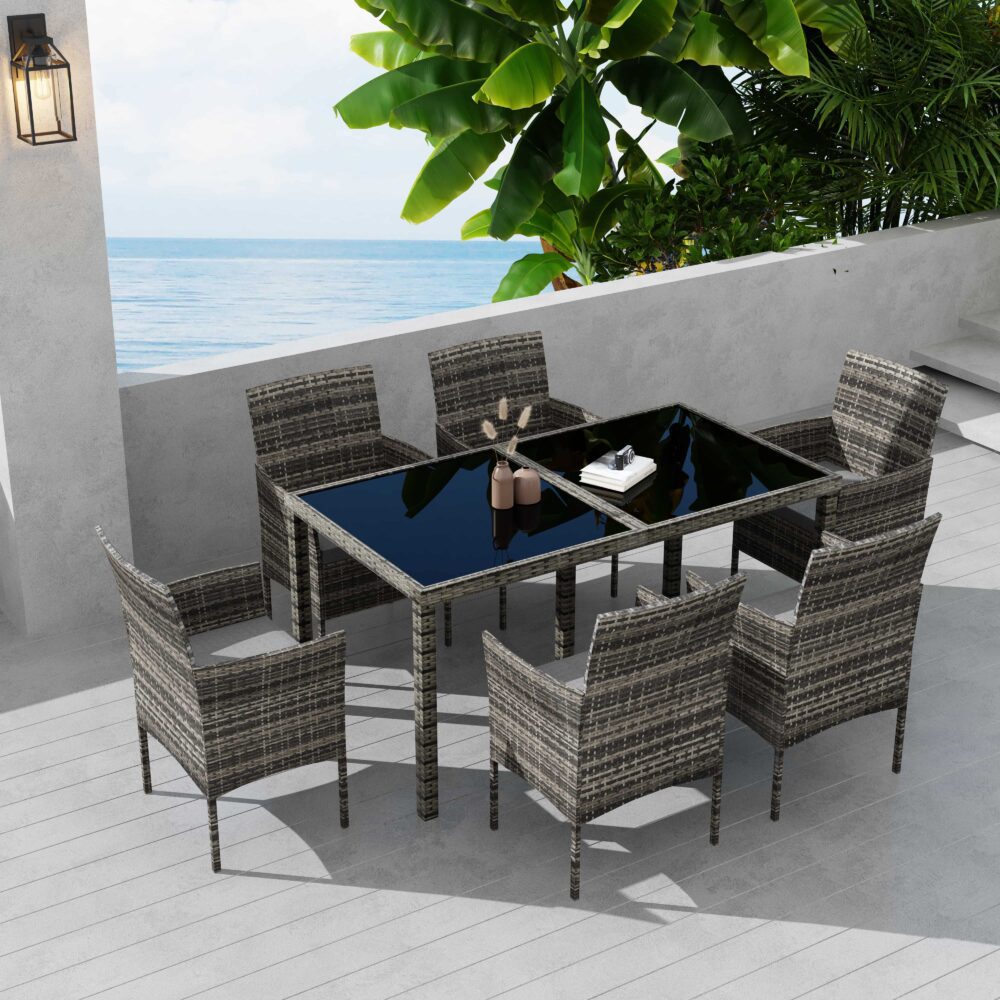 V264-OTF-527S-DGR-54121-01 Rural Style Outdoor Grey Wicker 6 Seater Dining Set - Image 1