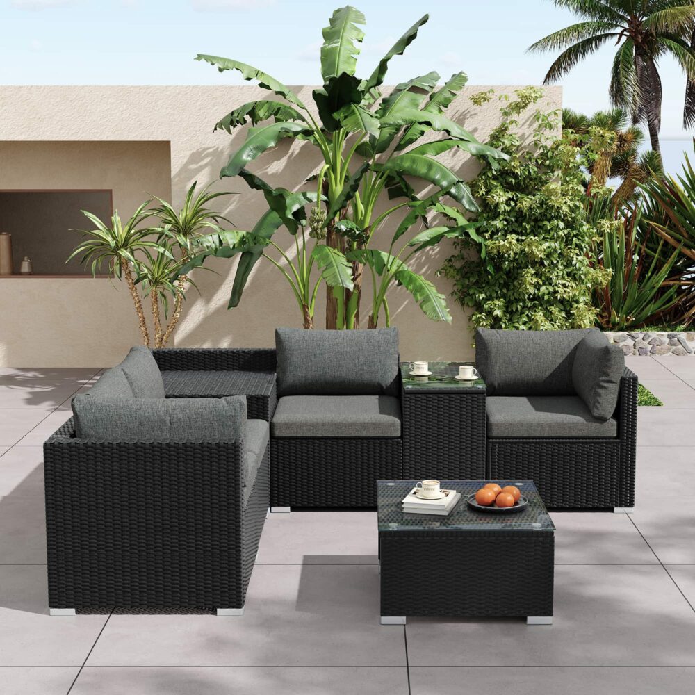 V264-OTF-530S-BLK-OTF-508-BLK-202504241549-00 7PC Outdoor Wicker Loveseat Setting with Storage Corner (Black) - Image 1