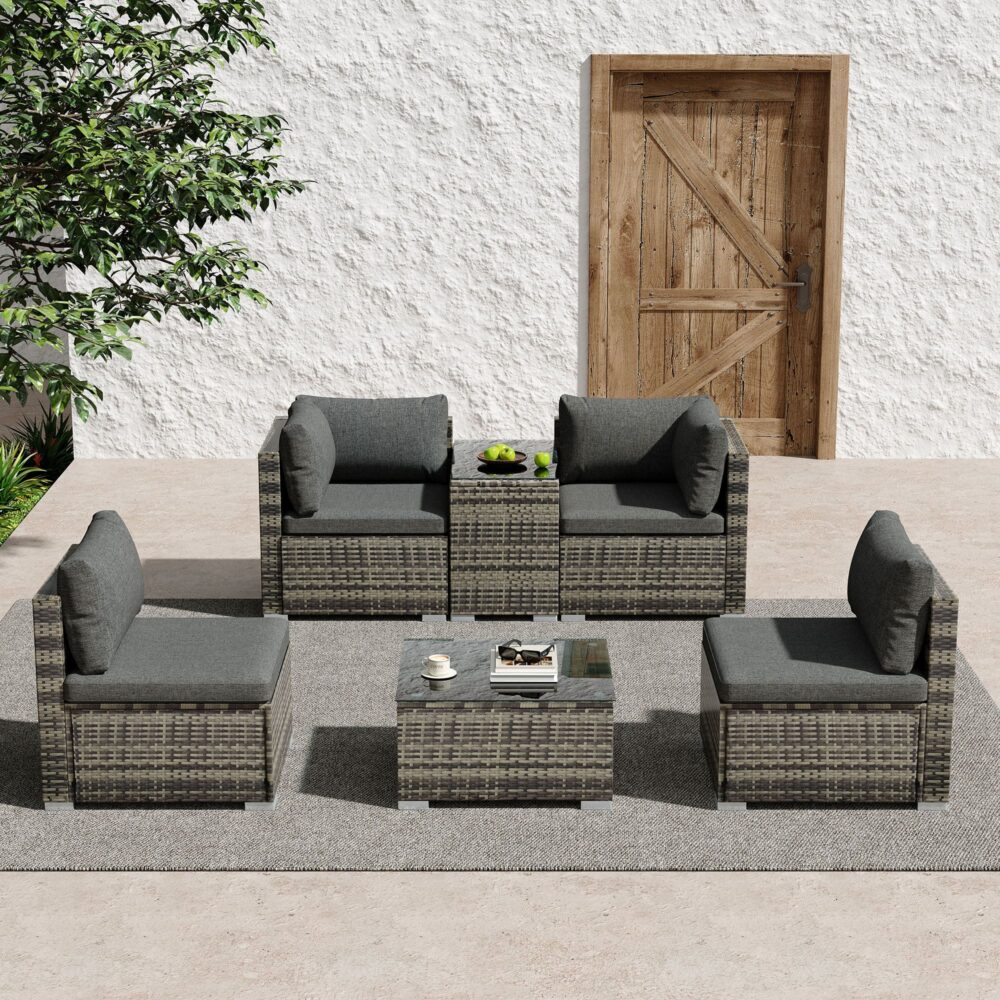 V264-OTF-530S-LGR-OTF-507-LGR-202504221110-00 Outdoor Modular Lounge Sofa with Wicker End Table Set - Image 1