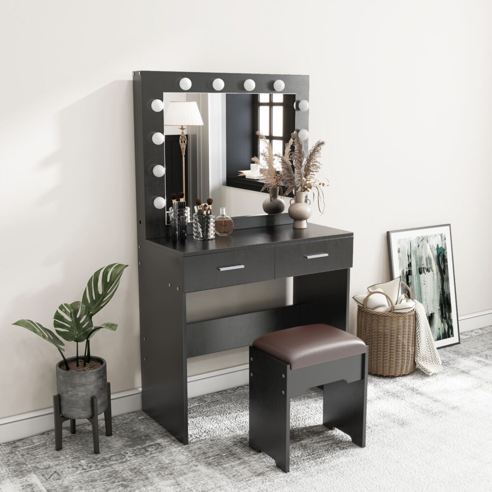 V264-TAB-716C-BLK-NA-1-57377-09 Fidel Vanity Set with Cushioned Stool and Lighted Mirror- Black - Image 1
