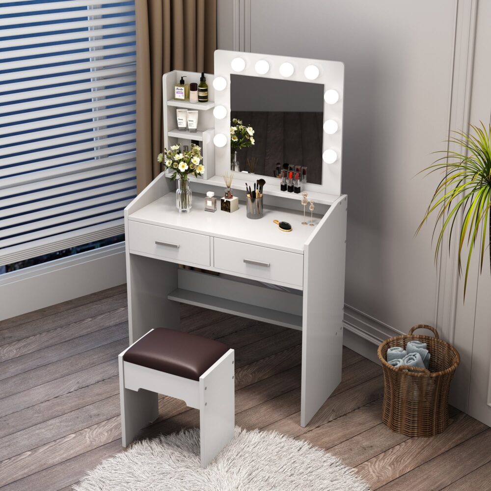 V264-TAB-717C-WHE-NA-1-52016-07 Diana Vanity Set with Shelves Cushioned Stool and Lighted Mirror- White - Image 1