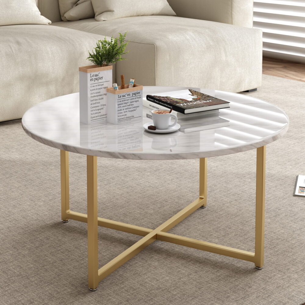V264-TAB-719C-WHE-GD-57371-00 White Marble Effect Round Coffee Table with Gold Legs - Image 1