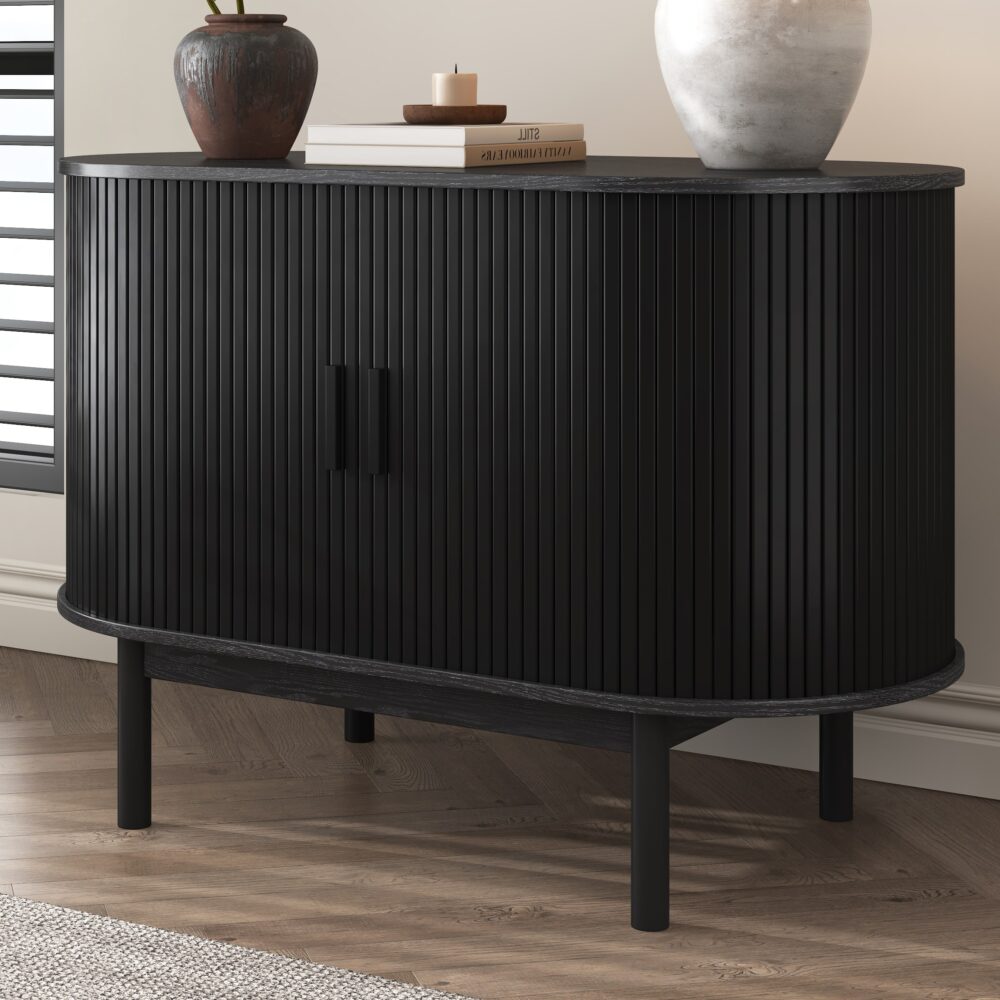 V264-TAB-725C-BLK-NA-1-167552-00 Mid-Century Black Ribbed Sideboard Cabinet - Image 1
