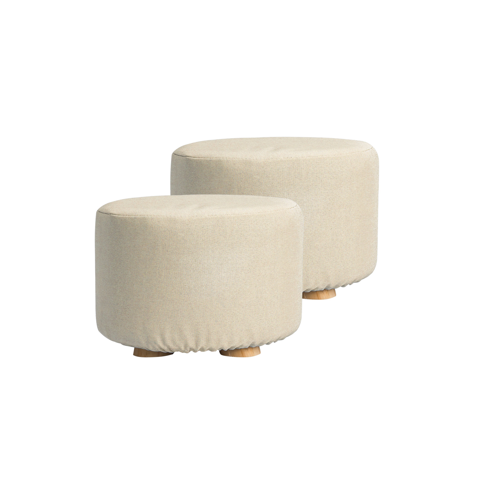 V274-FT-GQST01-BE2-FT-GQST01-BE2-00 2X Fabric Ottoman Round Wooden Leg Foot Stool - BEIGE - Image 1
