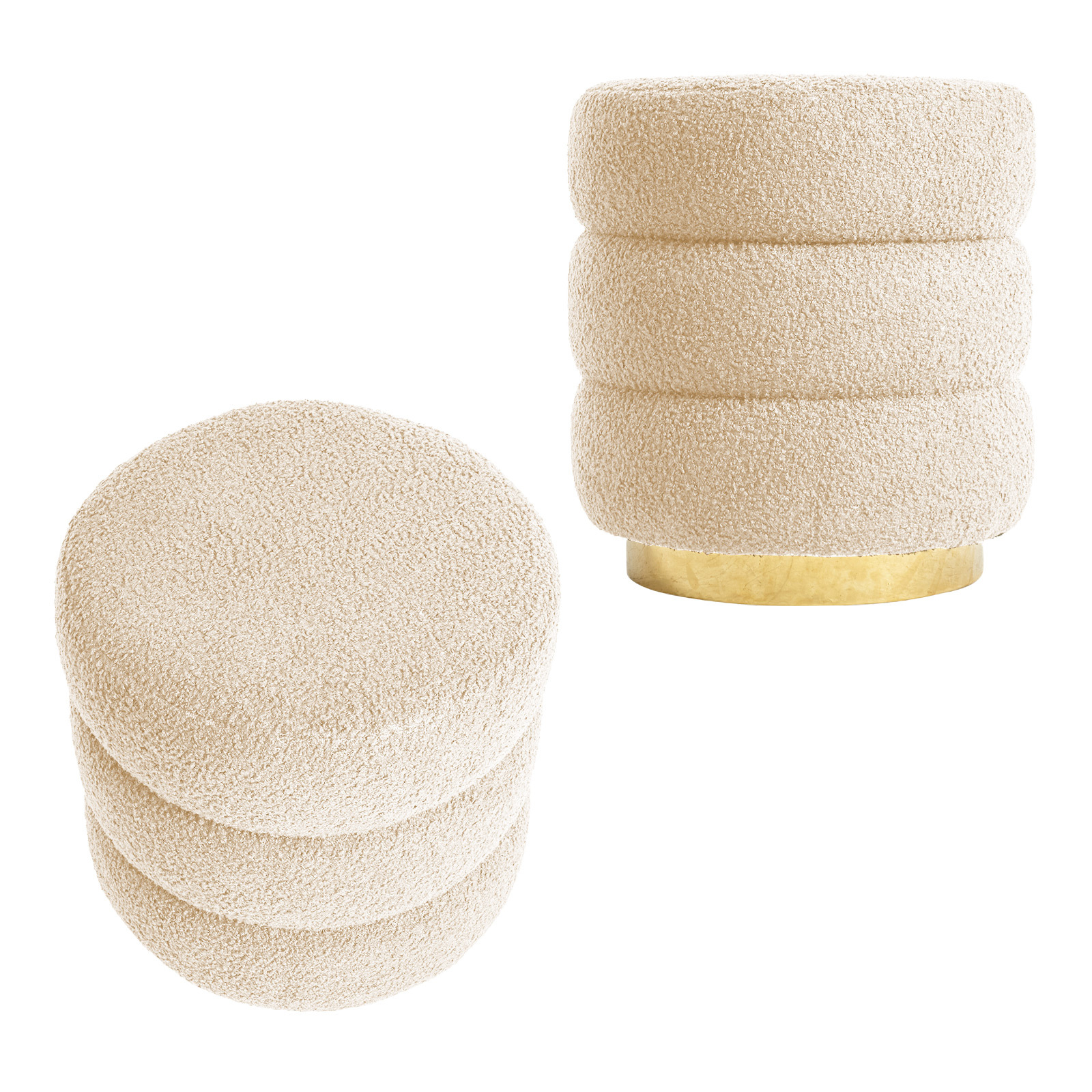 V274-FT-STP067-BE2-218507-00 2X Round Stacked Ottoman Stool Teddy Fleece Fabric Foot Rest 38cm BEIGE - Image 1