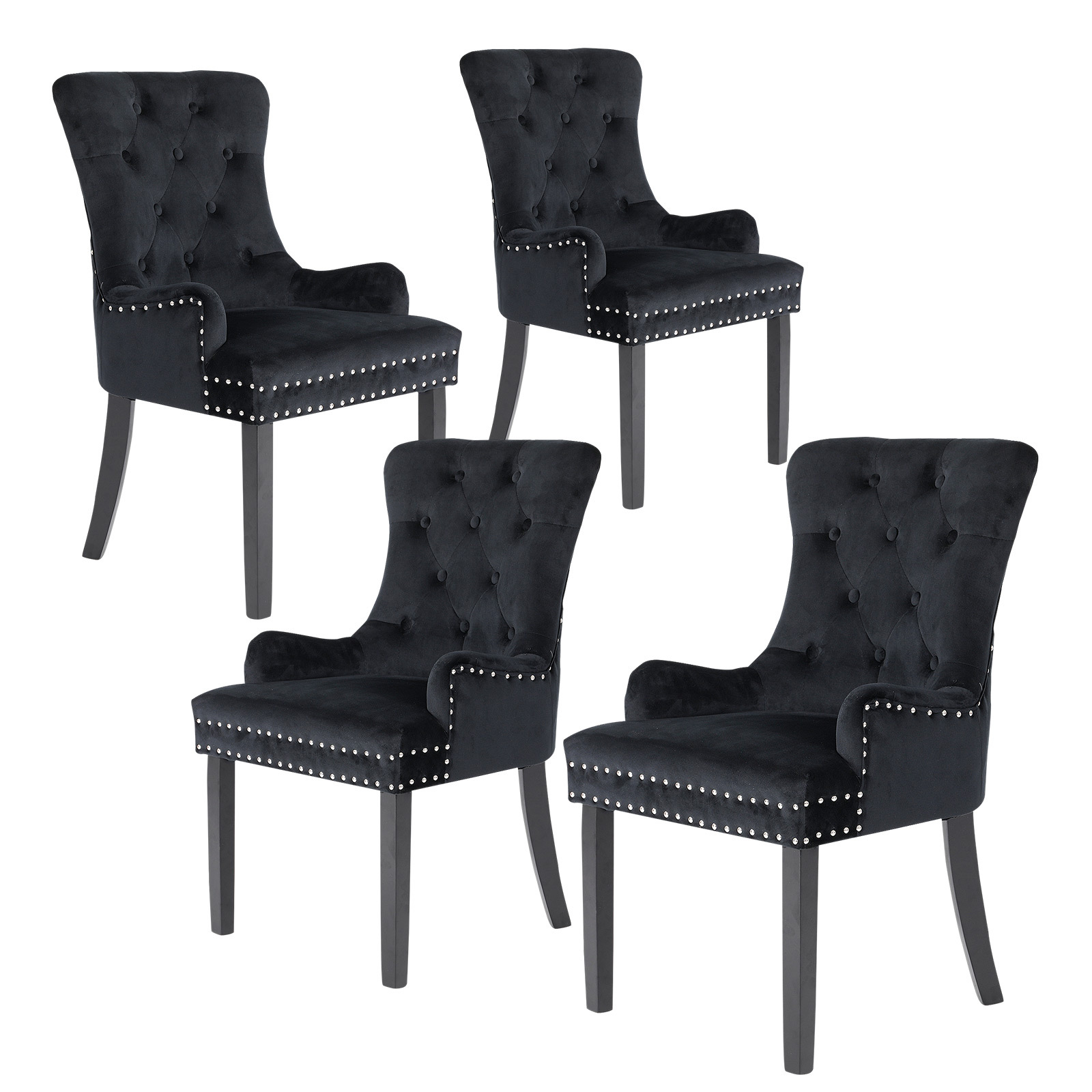V274-FT-VFC-1141-BK4-FT-VFC-1141-BK4-00 4X French Provincial Dining Chair Ring Studded Velvet Rubberwood Leg LISSE BLACK - Image 1