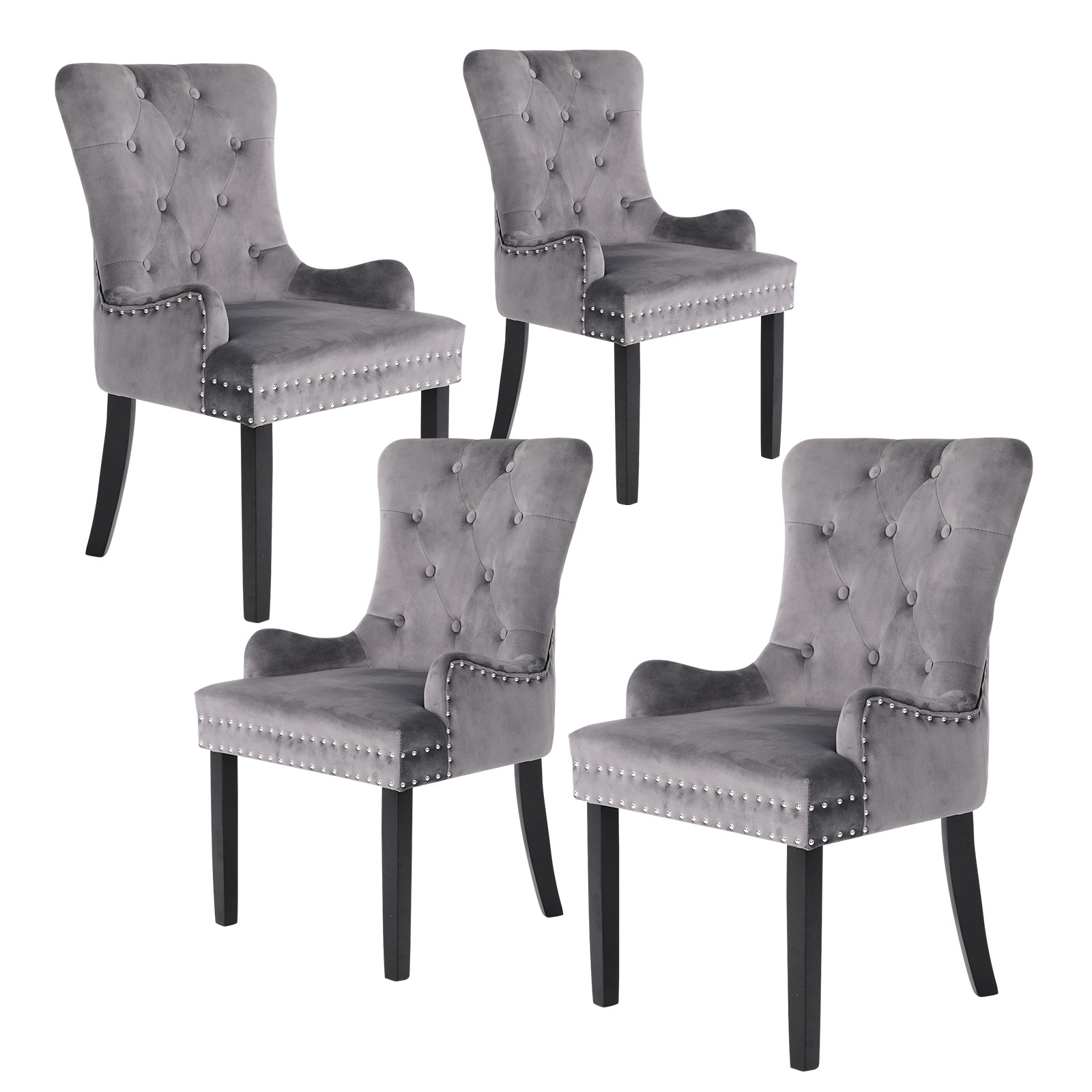 V274-FT-VFC-1141-GY4-FT-VFC-1141-GY4-00 4X French Provincial Dining Chair Ring Studded Velvet Rubberwood Leg LISSE GREY - Image 1