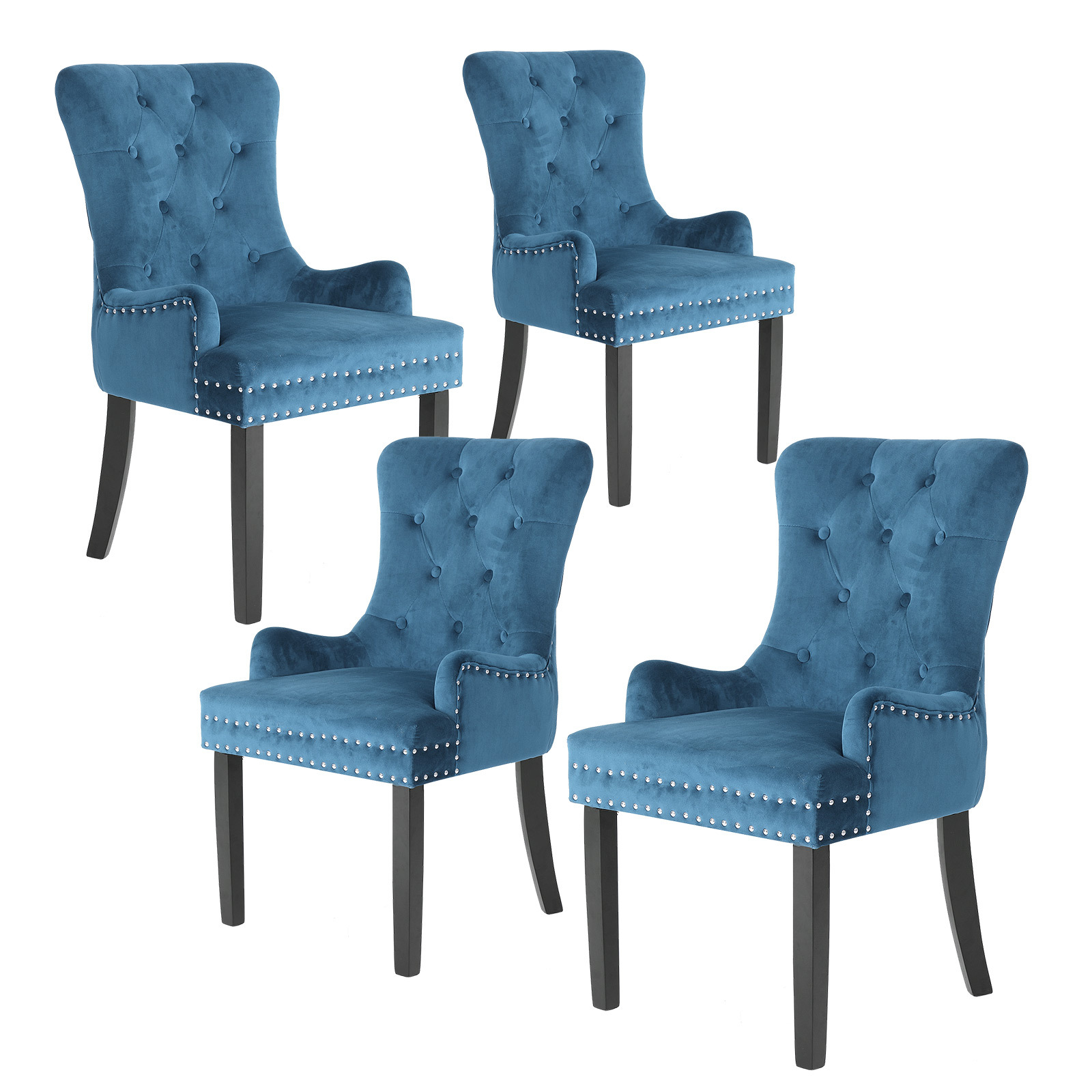 V274-FT-VFC-1141-NV4-FT-VFC-1141-NV4-00 4X French Provincial Dining Chair Ring Studded Velvet Rubberwood Leg LISSE NAVY BLUE - Image 1