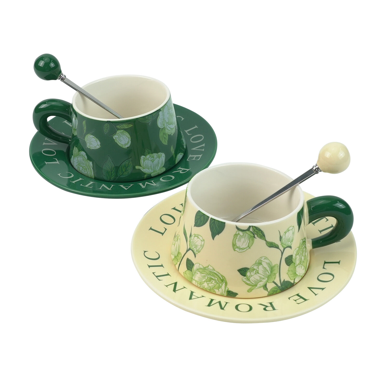 V274-HA-LA-P0024822-GNYE-222385-00 2X High-Fired Ceramic Porcelain Cup & Saucer Set 300ml Vintage Floral Tea Spoon GREEN - Image 1
