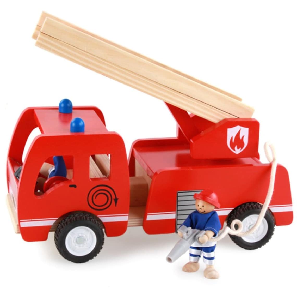 V277-FIRETRUCK-84537-00 Fire truck wooden 3 years + with ladder and firemen Fire engine Red - Image 1