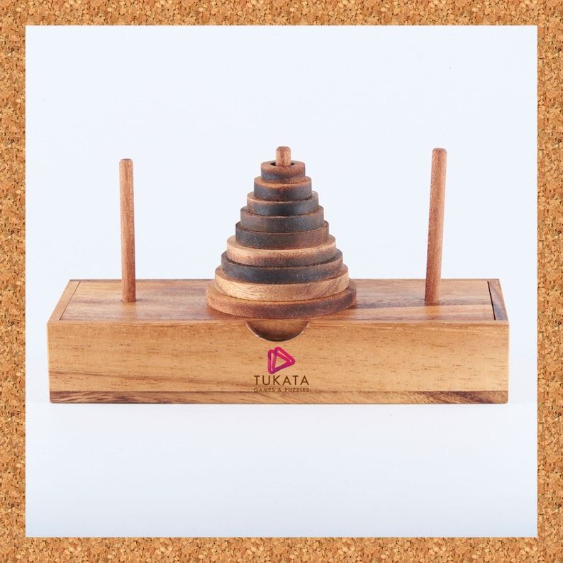 V277-PRBTP-190249-00 Pagoda 9 ring brain teaser puzzle, wood, handmade 3D puzzle-arrange rings on end column to solve - Image 1