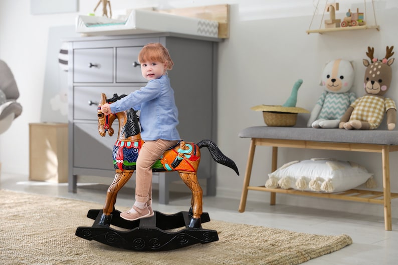 V277-RHHSWBHP-190237-00 Rocking horse handmade solid wood-beautiful hand painted detail-very unique - Image 1