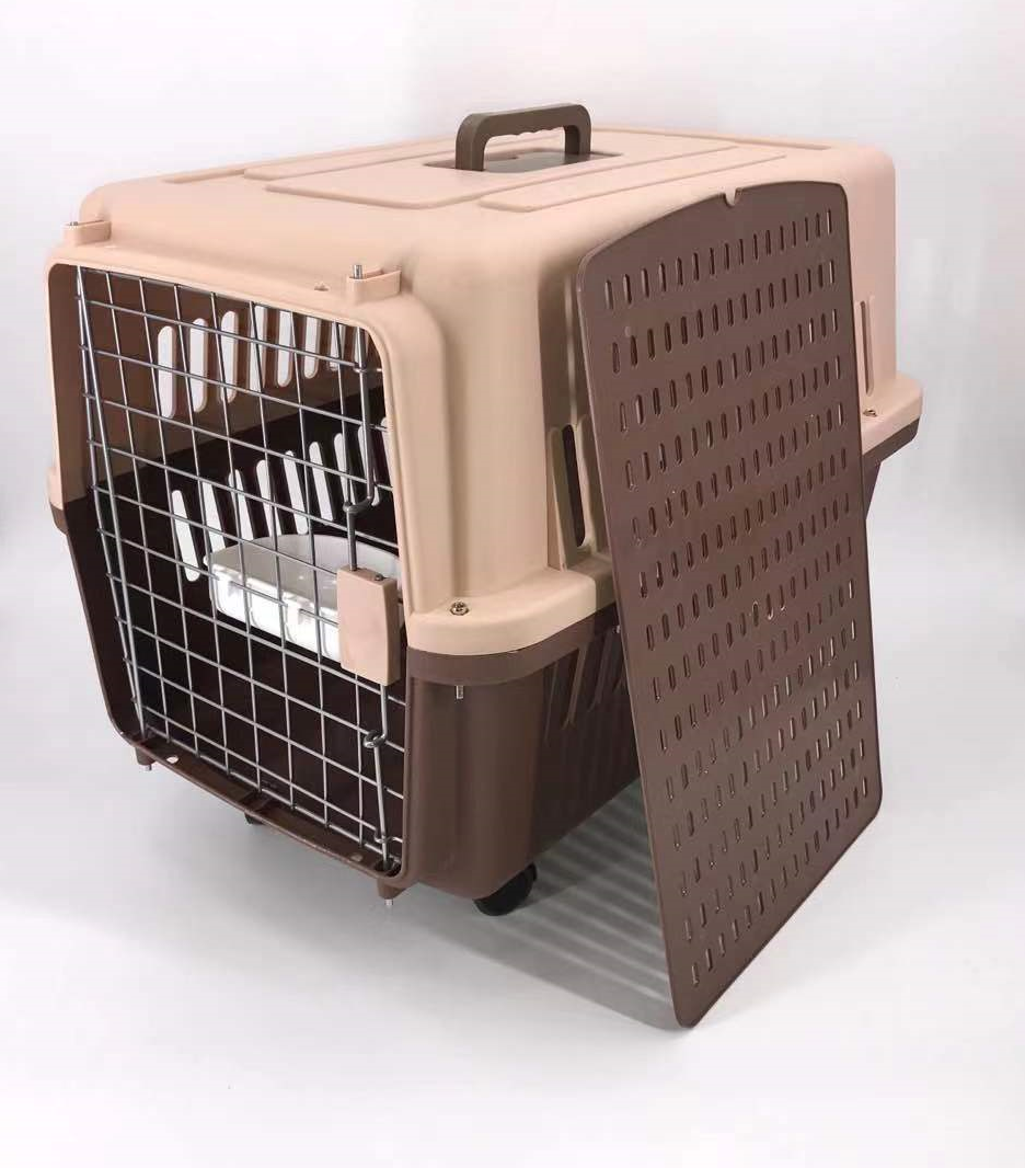 V278-AA3_BROWN-BOWL-TRAY-WHEEL-69651-00 YES4PETS Brown Large Dog Puppy Cat Crate Pet Carrier Cage With Tray, Bowl & Wheel - Image 1