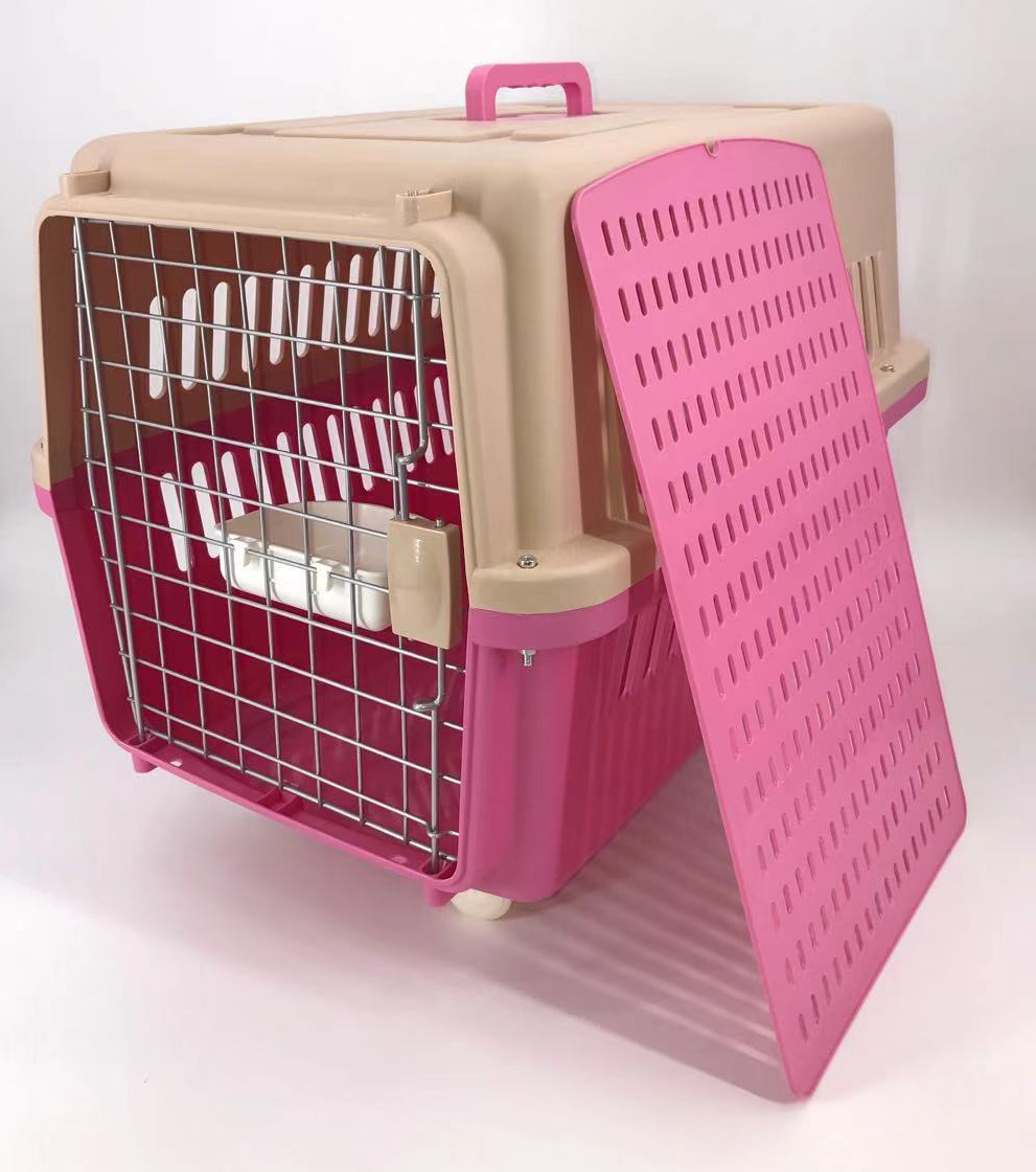 V278-AA3_PINK-BOWL-TRAY-WHEEL-69489-00 YES4PETS Pink Large Dog Puppy Cat Crate Pet Carrier Cage W Tray, Bowl & Removable Wheels - Image 1