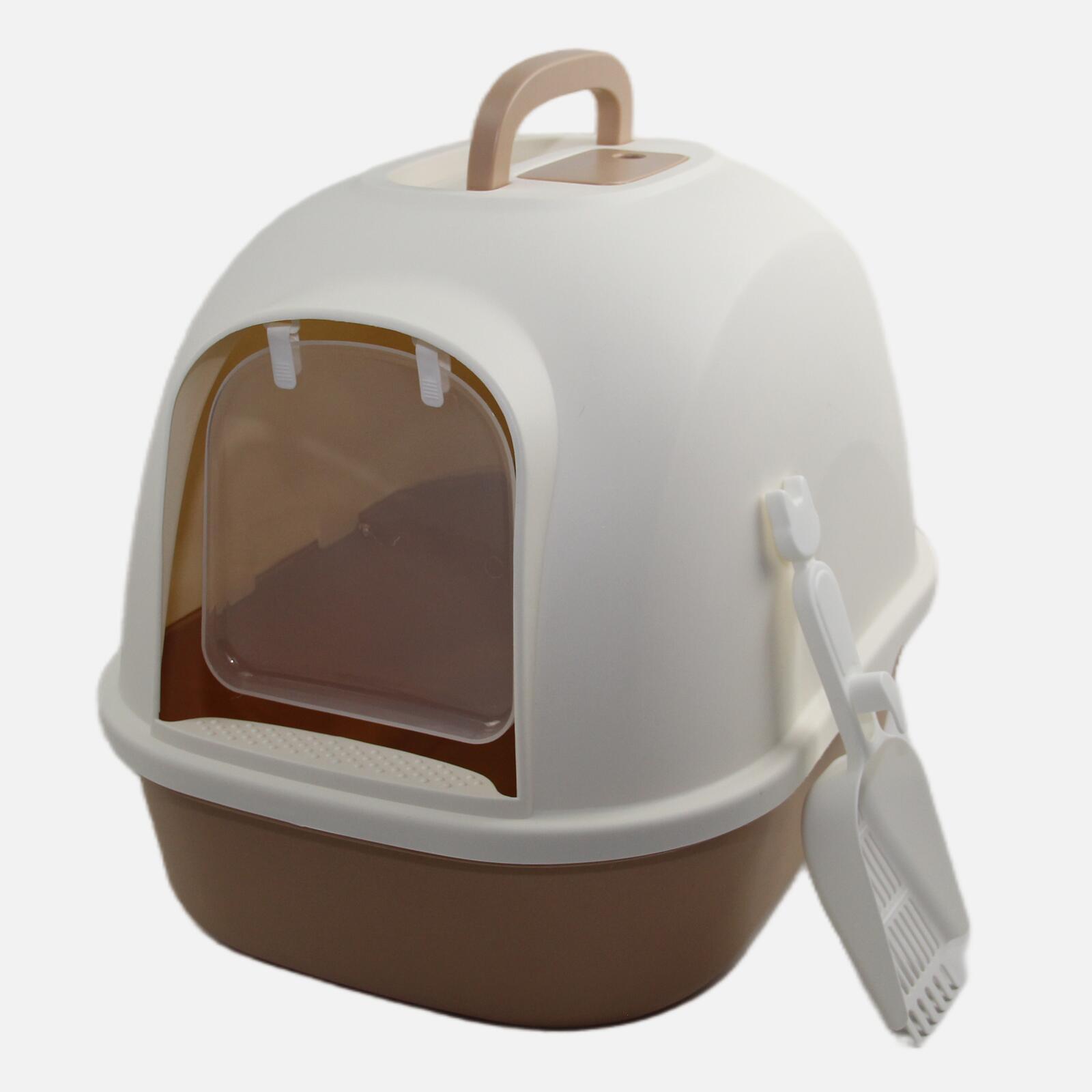 V278-MSP-0009-LIGHT-BROWN-67526-00 YES4PETS Portable Hooded Cat Toilet Litter Box Tray House with Handle and Scoop Brown - Image 1