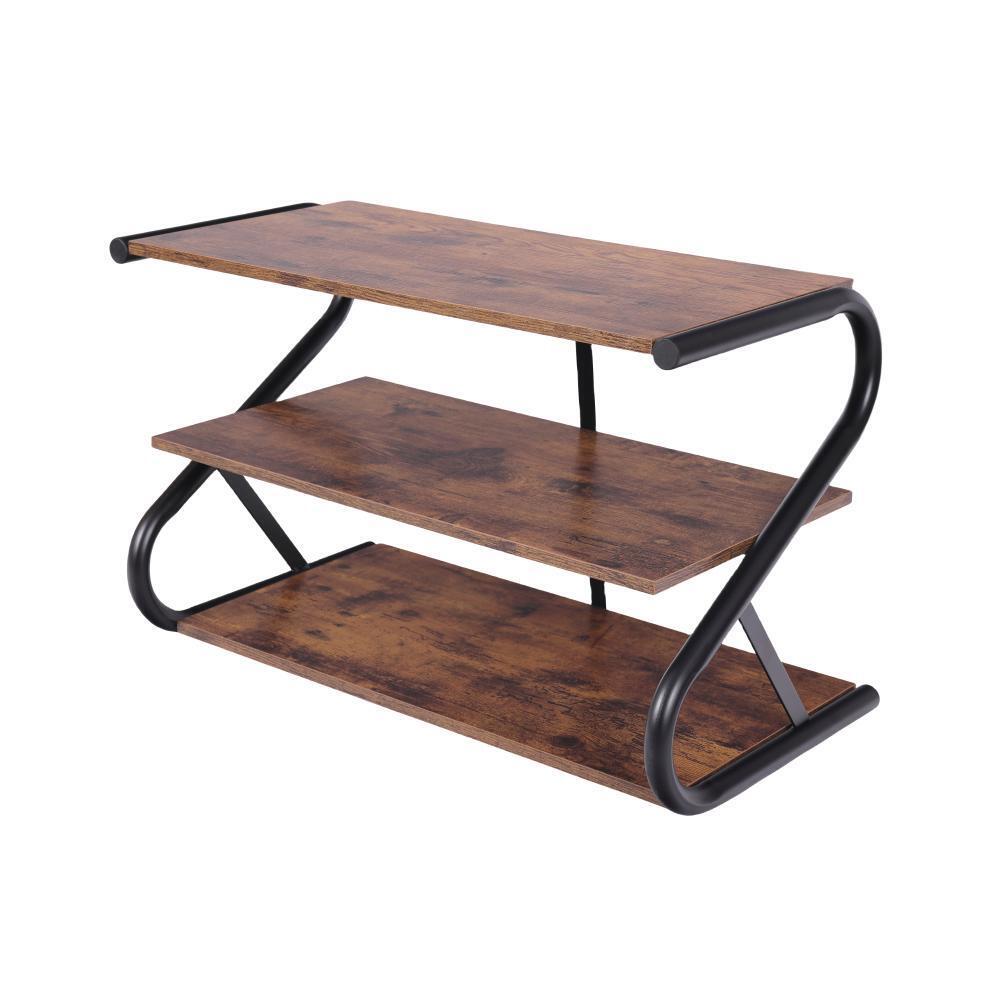 V278-SHOE-RACK-3-TIER-139853-00 Matte Black Frame Rustic Wood 3-Tier Medium Shoe Rack Shelf Stand Storage Organizer - Image 1